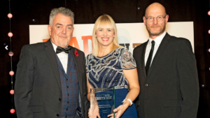 Myles and Sam with Mick Storrie, project manager, R&B Group - Plessey microleds