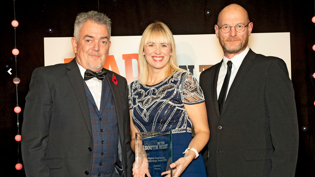 Myles and Sam with Mick Storrie, project manager, R&B Group - Plessey microleds